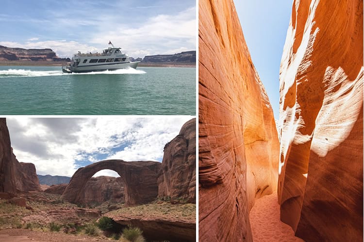 Slot Canyon, Tour Boat and Rainbow Arch