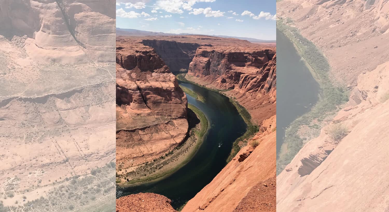 Red Rocks surrounding curved waterway with boat and beaches on 2 sides