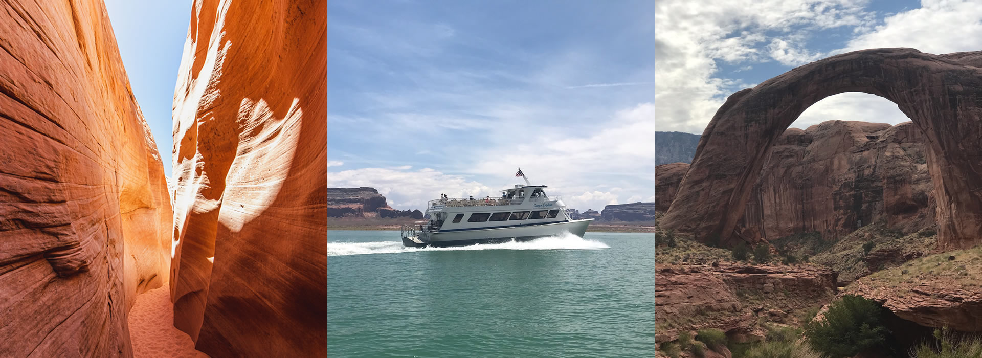 Slot Canyon, Tour Boat and Rainbow Arch